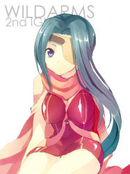 Rule 34 | 1girl, aisha bernadette, belt, black hair, breasts, copyright name, covered erect nipples, ecocube, eka eri, eyepatch, kanon (wild arms), kanon (wild arms 2), kneeling, large breasts, long hair, purple eyes, scarf, simple background, solo, white background, wild arms, wild arms 2