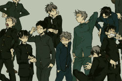 Rule 34 | 6+boys, belt, black eyes, black hair, black jacket, blue jacket, brown cardigan, cardigan, clenched teeth, from side, gakuran, grey background, grey hair, grey jacket, hand in pocket, hand on own hip, hand on mask, hand on own knee, hand on own shoulder, handkerchief, jacket, long sleeves, looking at another, looking away, looking down, looking to the side, male focus, mask, mask pull, mouth mask, multiple boys, open mouth, original, own hands together, school uniform, shirt, short hair, surgical mask, tears, teeth, wa (pixiv3319460), wavy mouth, white mask, white shirt, yawning