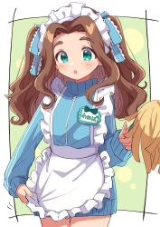 Rule 34 | 1girl, :o, absurdres, alternate costume, apron, aqua eyes, blue jacket, blue ribbon, blush, brown hair, frilled apron, frills, hair intakes, highres, idolmaster, idolmaster cinderella girls, jacket, jersey maid, kahiika, kusakabe wakaba, long hair, long sleeves, maid, maid apron, maid headdress, name tag, open mouth, parted bangs, ribbon, solo, standing, thick eyebrows, track jacket, twintails, unconventional maid, wavy hair, white apron