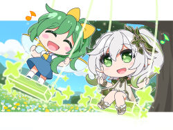 2girls :d ^_^ ascot bloomers blue_dress blue_footwear blush blush_stickers closed_eyes cloud collared_shirt commentary_request cross-shaped_pupils crossover daiyousei detached_sleeves dress eighth_note fairy_wings field flower flower_field full_body genshin_impact grass green_eyes green_hair green_sleeves hair_ornament hair_ribbon leaf_hair_ornament multicolored_hair multiple_girls musical_note nahida_(genshin_impact) open_mouth outdoors pointy_ears ribbon rizleting shirt shoes short_hair short_sleeves side_ponytail sleeveless sleeveless_dress smile standing standing_on_swing streaked_hair swing symbol-shaped_pupils toeless_footwear touhou tree underwear white_bloomers white_dress white_footwear white_hair white_shirt wings yellow_ascot yellow_ribbon