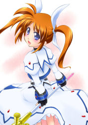 Rule 34 | 00s, 1girl, black gloves, blush, bracelet, dress, fingerless gloves, from above, from behind, gloves, jewelry, long sleeves, looking at viewer, looking back, looking up, lyrical nanoha, magical girl, mahou shoujo lyrical nanoha, mahou shoujo lyrical nanoha a&#039;s, orange hair, pokopen, raising heart, short hair, solo, takamachi nanoha, takamachi nanoha (sacred mode), tareme, twintails, white dress