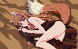Rule 34 | 00s, 1girl, animal ears, ass, breasts, brown hair, cleavage, female focus, from above, highres, holo, large breasts, legs, long hair, lying, nude, official art, official wallpaper, on side, red eyes, sasaki masashi, shiny skin, smile, solo, spice and wolf, tail, third-party edit, wolf ears, wolf tail