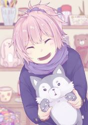 Rule 34 | 10s, 1girl, ^ ^, aoba (kancolle), blue coat, blue scarf, blurry, closed eyes, coat, cup, depth of field, doll, kantai collection, long sleeves, open mouth, pen, pink hair, ponytail, scarf, shikajima shika, short hair, smile, solo, stuffed animal, stuffed toy, teddy bear