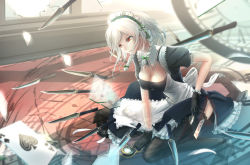 Rule 34 | 1girl, ace (playing card), ace of spades, apron, black gloves, black thighhighs, braid, breasts, broken glass, card, cleavage cutout, clothing cutout, glass, gloves, highres, indoors, izayoi sakuya, kikivi, knife, long legs, looking away, maid, maid apron, maid headdress, playing card, pocket watch, red eyes, reflection, short hair, short sleeves, silver hair, skirt, solo, spade (shape), thighhighs, touhou, twin braids, waist apron, watch