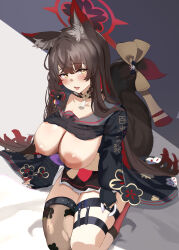Rule 34 | 1girl, absurdres, animal ear fluff, animal ears, black choker, blue archive, blush, breasts, breasts out, brown eyes, choker, colored inner hair, flower, fox ears, fox girl, fox tail, gloves, hair flower, hair ornament, halo, highres, horin, jacket, large breasts, long hair, long sleeves, looking at viewer, multicolored hair, off shoulder, open clothes, open mouth, sitting, solo, tail, thigh strap, torn clothes, very long hair, wakamo (blue archive), yellow eyes