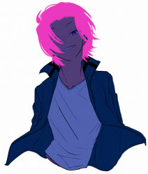 Rule 34 | 1boy, alternate hair color, blouse, blue jacket, chokuboron ryou, cropped torso, floating hair, grin, hair over one eye, jacket, jin yuuichi, long sleeves, looking at viewer, male focus, open clothes, open jacket, pink hair, shirt, short hair, simple background, smile, solo, t-shirt, uniform, v-neck, white background, white shirt, wind, world trigger
