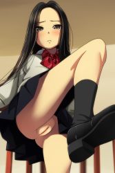 Rule 34 | 1girl, absurdres, ass, black footwear, black hair, black skirt, black socks, blurry, blurry background, blush, bow, brown eyes, cleft of venus, clitoris, collared shirt, depth of field, diagonal stripes, forehead, highres, loafers, long hair, looking at viewer, matsunaga kouyou, no panties, nose blush, nude filter, original, parted bangs, parted lips, pleated skirt, pussy, red bow, shirt, shoe soles, shoes, skirt, socks, solo, standing, standing on one leg, striped, third-party edit, uncensored, very long hair, white shirt