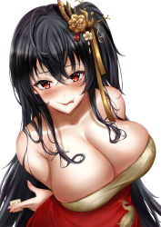 Rule 34 | 1girl, :p, absurdres, ahoge, animal print, arms behind back, azur lane, bare shoulders, bird, bird print, black hair, blush, breasts, china dress, chinese clothes, cleavage, cleavage cutout, clothing cutout, collarbone, condom, dress, flower, hair between eyes, hair ornament, hair over breasts, highres, holding, holding condom, huge breasts, jewelry, large breasts, lips, long hair, looking at viewer, official alternate costume, red dress, red eyes, simple background, smile, solo, taihou (azur lane), taihou (phoenix&#039;s spring song) (azur lane), tongue, tongue out, very long hair, white background, white flower, yukiaka
