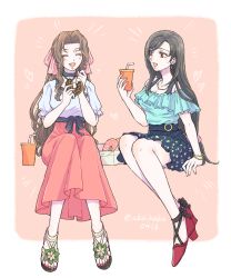 Rule 34 | 2girls, aerith gainsborough, alternate costume, aqua shirt, asymmetrical bangs, black hair, border, bracelet, breasts, brown hair, choker, closed eyes, cup, disposable cup, doughnut, drinking straw, earrings, eating, final fantasy, final fantasy vii, final fantasy vii remake, food, full body, hair ribbon, hand to own mouth, highres, holding, holding cup, holding food, jewelry, knees together feet apart, long hair, long skirt, low-tied long hair, medium breasts, miniskirt, multiple girls, nail polish, necklace, open mouth, pink background, pink ribbon, pink skirt, pointy footwear, puffy short sleeves, puffy sleeves, red eyes, red footwear, red nails, ribbon, sandals, shirt, short sleeves, simple background, sitting, skirt, smile, tifa lockhart, toenail polish, toenails, twitter username, white shirt, you (blacknwhite)