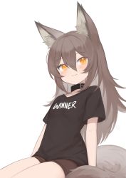 Rule 34 | 1girl, :3, absurdres, animal ear fluff, animal ears, belt collar, black shirt, breasts, clothes writing, collar, commentary, english commentary, fox ears, fox girl, fox tail, hair between eyes, highres, klaius, long hair, looking at viewer, orange eyes, original, shirt, short shorts, short sleeves, shorts, simple background, sitting, slit pupils, small breasts, smile, solo, tail, white background