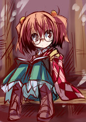 Rule 34 | 1girl, book, checkered clothes, checkered shirt, glasses, hair bobbles, hair ornament, hemogurobin a1c, looking at viewer, motoori kosuzu, open book, pink eyes, pink hair, reading, shirt, sitting, sketch, skirt, smile, solo, touhou, two side up