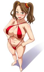 Rule 34 | 10s, 1girl, :d, barefoot, bikini, blush, breasts, brown hair, criss-cross halter, gundam, gundam build fighters, gundam build fighters try, halterneck, hands on own hips, jpeg artifacts, large breasts, legs, looking at viewer, md5 mismatch, nokoppa, open mouth, plump, resized, sazaki kaoruko, shadow, simple background, slingshot swimsuit, smile, solo, swimsuit, thighs, twintails, white background, yellow eyes
