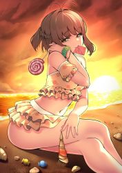 Rule 34 | 1girl, antenna hair, beach, bikini, braid, breasts, brown eyes, brown hair, candy, character request, fingernails, food, french braid, hand up, highres, holding, holding candy, holding food, holding lollipop, crossed legs, lollipop, looking at viewer, medium breasts, mouth hold, navel, santa (sunflower), scrunchie, seashell, shell, sitting, smile, solo, sunset, swimsuit, tokyo 7th sisters, wrist scrunchie, yellow bikini