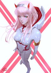 Rule 34 | 10s, 1girl, aqua eyes, bad id, bad tumblr id, bodysuit, closed mouth, darling in the franxx, foreshortening, from above, hairband, highres, horns, lips, looking at viewer, pilot suit, pink hair, raikoart, shiny clothes, signature, solo, straight hair, white bodysuit, white hairband, zero two (darling in the franxx)