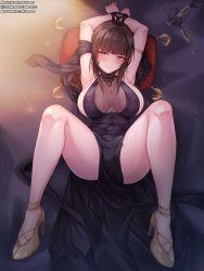 Rule 34 | 1girl, armlet, armpits, arms up, barcode, barcode tattoo, black dress, blunt bangs, blush, bound, bound wrists, breasts, brown hair, champagne flute, covered erect nipples, cup, dress, drinking glass, dsr-50 (girls&#039; frontline), dsr-50 (highest bid) (girls&#039; frontline), earrings, full body, girls&#039; frontline, gold footwear, high heels, highres, jewelry, large breasts, looking at viewer, lying, official alternate costume, on back, parted lips, rebe11, red eyes, sidelocks, smile, solo, spread legs, tattoo