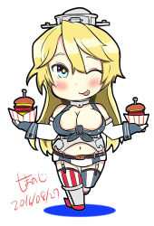Rule 34 | 10s, 1girl, 2016, blonde hair, blue eyes, blush, breasts, burger, chibi, cleavage, dated, elbow gloves, fingerless gloves, food, front-tie top, gloves, iowa (kancolle), kantai collection, shimanoji, solo, standing, star-shaped pupils, star (symbol), striped clothes, striped thighhighs, symbol-shaped pupils, thighhighs, tongue, tongue out, vertical-striped clothes, vertical-striped thighhighs