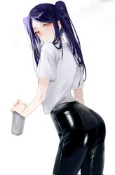 Rule 34 | 1girl, aaoshigatoutoi, ass, black pants, blush, can, cigarette, cowboy shot, highres, holding, holding can, jill stingray, long hair, looking at viewer, pants, purple hair, red eyes, shiny clothes, shirt, short sleeves, simple background, smoking, solo, swept bangs, twintails, va-11 hall-a, white background, white shirt