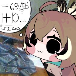 Rule 34 | 1girl, 69 (meme), :3, ahoge, black eyes, blush stickers, brown capelet, brown cloak, brown hair, calculator, capelet, chibi, classroom, cloak, closed mouth, commentary, crossed bangs, desk, english commentary, feather hair ornament, feathers, hair between eyes, hair ornament, highres, hololive, hololive english, indoors, infinity symbol, koyoinacho, long hair, math, meme, multicolored hair, nanashi mumei, omega symbol, photo background, school desk, sidelocks, smile, smol mumei, solo, streaked hair, thought bubble, virtual youtuber