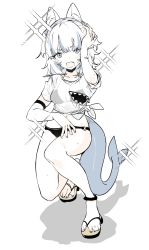 Rule 34 | 1girl, absurdres, animal ear fluff, animal ears, armband, bad id, bad twitter id, bikini, black bikini, blue eyes, blue hair, collarbone, ddari, fang, fins, fish tail, gawr gura, grey background, hand on own head, highres, hololive, hololive english, medium hair, multicolored hair, o-ring, open mouth, sandals, see-through, shark tail, sicle, slit pupils, solo, sparkle, streaked hair, sweat, swimsuit, tail, twintails, virtual youtuber, white hair, zipper, zipper pull tab