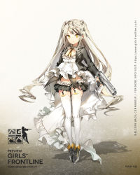 Rule 34 | 1girl, ahoge, anmi, black skirt, blazer, blonde hair, bow, breasts, character name, copyright name, crown, desert eagle, desert eagle (girls&#039; frontline), detached collar, dress, frilled dress, frilled sleeves, frills, full body, garter straps, girls&#039; frontline, grey footwear, gun, hair between eyes, handgun, heart, highres, holding, holding gun, holding weapon, jacket, lace-up shoes, long hair, long sleeves, looking at viewer, microskirt, miniskirt, mole, mole under eye, necktie, official art, open clothes, open mouth, pistol, shoes, skirt, small breasts, solo, strapless, strapless dress, striped necktie, striped neckwear, thighhighs, trigger discipline, two side up, very long hair, watermark, weapon, web address, white thighhighs, wings, yellow eyes, yellow necktie