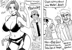 Rule 34 | 1girl, 5boys, absurdres, ahoge, ash ketchum, bb (baalbuddy), bra, breasts, cellphone, choker, cleavage, commentary, condom, condom packet strip, condom wrapper, creatures (company), curvy, delia ketchum, english commentary, english text, evil grin, evil smile, facial hair, game freak, garter belt, garter straps, gary oak, gen 1 pokemon, grin, hair intakes, hair ornament, hair scrunchie, highres, holding, holding condom, holding phone, huge ahoge, hypno, implied prostitution, lace, lace-trimmed bra, lace-trimmed panties, lace trim, large breasts, lingerie, long hair, low ponytail, mature female, monochrome, mother and son, mr. mime, multiple boys, multiple others, narrow waist, navel, nervous sweating, nintendo, one eye closed, onlyfans, panties, panty pull, phone, pokemon, pokemon (anime), pokemon (classic anime), samuel oak, scrunchie, selfie, smartphone, smile, solo focus, speech bubble, strap pull, stubble, sweat, thick eyebrows, thighhighs, thong, underwear, underwear only, walk-in, wide hips