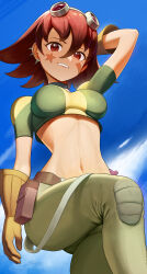 Rule 34 | 1girl, absurdres, blue sky, breasts, cloud, commentary, commission, ear piercing, english commentary, eva wei, facial mark, from below, gloves, goggles, goggles on head, grin, hair between eyes, highres, knee up, legs, looking at viewer, medium breasts, midriff, navel, oban star-racers, piercing, red eyes, red hair, revenantart, short hair, short sleeves, simple background, sky, smile, solo, star (symbol), star facial mark, yellow gloves