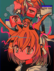 Rule 34 | 3girls, a.i. voice, absurdres, adachi rei, android, black background, black shirt, blue background, bright pupils, cable, character name, chibi, chromatic aberration, closed mouth, commentary request, crossed bangs, cube, cursor, disembodied eye, explosion, expressionless, eye trail, film grain, floating hair, gradient background, grid background, hair ornament, hair over one eye, hair ribbon, hairclip, halftone, headlamp, headphones, highres, hood, hood down, hooded jacket, jacket, light trail, looking at viewer, menma (enaic31), multiple girls, nervous sweating, one side up, open mouth, orange eyes, pixelated, portrait, radio antenna, ribbon, severed head, shaded face, shirt, smile, sweat, turn pale, turtleneck, twitter username, utau, white jacket, white pupils, white ribbon, window (computing)
