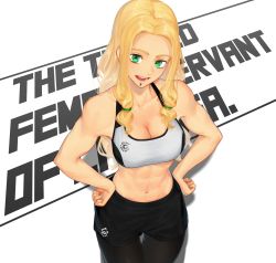 Rule 34 | 1girl, abs, bare shoulders, black shorts, blonde hair, bra, breasts, chin piercing, cleavage, collarbone, fate/grand order, fate (series), forehead, green eyes, hands on own hips, highres, large breasts, pantyhose under shorts, long hair, looking at viewer, muscular, muscular female, navel, open mouth, pantyhose, parted bangs, quetzalcoatl (fate), shorts, sidelocks, smile, sports bra, tafuu (tortafu), thighs, toned, underwear, white bra