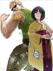Rule 34 | 1boy, 1girl, black hair, blonde hair, camouflage, camouflage pants, copyright name, creatures (company), electricity, erika (pokemon), falling petals, game freak, green tank top, gym leader, hairband, height difference, highres, holding, holding poke ball, japanese clothes, kimono, looking at viewer, muscular, muscular male, nintendo, obi, pants, petals, poke ball, poke ball (basic), pokemon, pokemon frlg, pokemon hgss, sash, short hair, simple background, spiked hair, sunglasses, surge (pokemon), tank top, thumbs up, white background, yoruniyoruyoshi