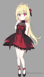 Rule 34 | 1girl, bare shoulders, blonde hair, blush, breasts, child, closed mouth, collarbone, dress, ecute, female focus, flower, frilled dress, frills, full body, gothic lolita, grey background, hair flower, hair ornament, highres, jashin-chan dropkick, lolita fashion, long hair, looking at viewer, red eyes, rose, simple background, sleeveless, small breasts, solo, standing