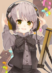 Rule 34 | 1girl, :d, amamiya chiharu, beamed eighth notes, black bow, black skirt, black vest, bow, brown eyes, cassette tape, collared shirt, commentary request, dress shirt, eighth note, fringe trim, grey hair, grey shirt, hair between eyes, hands on headphones, hands up, headphones, looking at viewer, musical note, open clothes, open mouth, open vest, original, shirt, short hair, skirt, smile, solo, striped, striped bow, upper body, vest