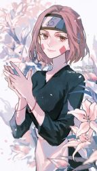 Rule 34 | 1girl, apron, bracelet, brown eyes, brown hair, closed mouth, daylight919, facial mark, flower, forehead protector, hands up, highres, jewelry, konohagakure symbol, long sleeves, looking at viewer, naruto (series), naruto shippuuden, nohara rin, own hands together, short hair, smile, solo, symbol-only commentary, watermark, web address, white apron