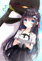 Rule 34 | &gt; &lt;, 1girl, :o, animal, bird, black hair, black skirt, blue eyes, blush, closed eyes, collarbone, commentary request, dolphin hair ornament, dutch angle, hair between eyes, hair ornament, hairclip, highres, holding, holding stuffed toy, kouda suzu, long hair, looking at viewer, nose blush, original, parted lips, penguin, pleated skirt, shirt, short sleeves, skirt, solo, stuffed animal, stuffed penguin, stuffed toy, very long hair, white shirt