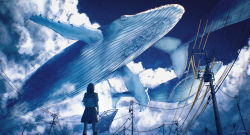 Rule 34 | 1girl, animal, flying whale, from below, highres, hiromumaru, original, oversized animal, power lines, school uniform, serafuku, sky, star (sky), starry sky, whale