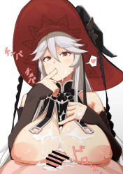 Rule 34 | 1girl, after paizuri, bad id, bad pixiv id, bar censor, bare shoulders, blush, breast suppress, breasts, brown eyes, censored, commentary request, cum, cum on body, cum on breasts, cum on upper body, detached sleeves, facial, finger in another&#039;s mouth, granblue fantasy, hair between eyes, hat, heart, ishinoyari, large areolae, large breasts, long hair, looking at viewer, magisa (granblue fantasy), nipples, penis, silver hair, sleeves past wrists, spoken heart, very long hair, witch, witch hat
