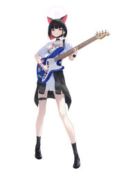 Rule 34 | 1girl, absurdres, animal ears, black choker, black footwear, black hair, black mask, blue archive, cat ears, choker, clothes around waist, clothes writing, colored inner hair, commentary request, electric guitar, extra ears, full body, guitar, halo, highres, holding, holding instrument, instrument, jacket, jacket around waist, junjisaeki, kazusa (band) (blue archive), kazusa (blue archive), looking at viewer, mask, mask pull, mouth mask, multicolored hair, official alternate costume, pink hair, pink halo, shirt, shoes, short hair, short sleeves, simple background, skirt, solo, standing, two-tone hair, white background, white shirt, white skirt