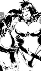 Rule 34 | 2girls, black hair, breasts, bursting breasts, finger to mouth, gloves, large breasts, long hair, midriff, monochrome, multiple girls, naga the serpent, naughty face, noriheita, slayers, smile, sylphiel nels lahda