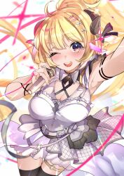 Rule 34 | 1girl, ;d, absurdres, ahoge, animal ears, arm strap, arm up, armpits, black thighhighs, blonde hair, blush, breasts, cleavage, collared dress, cowboy shot, criss-cross halter, dress, frilled dress, frills, hair ornament, hairclip, halterneck, highres, holding, holding microphone, hololive, horns, large breasts, layered skirt, long hair, looking at viewer, microphone, nyas0123, o-ring, o-ring thigh strap, official alternate costume, official alternate hairstyle, one eye closed, open mouth, overskirt, ponytail, purple eyes, ribbon, sheep ears, sheep girl, sheep horns, short dress, skirt, sleeveless, sleeveless dress, smile, solo, string, string of fate, thigh strap, thighhighs, tsunomaki watame, tsunomaki watame (watame night fever!!), very long hair, virtual youtuber, white dress, white skirt, wrist ribbon, zettai ryouiki