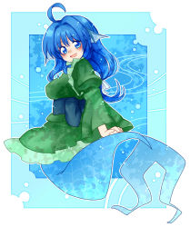 Rule 34 | 1girl, alternate hair length, alternate hairstyle, blue eyes, blue hair, breasts, fins, head fins, highres, japanese clothes, juliet sleeves, kimono, long hair, long sleeves, low-tied long hair, medium breasts, obi, open mouth, puffy sleeves, sash, smile, solo, totoharu (kujirai minato), touhou, wakasagihime