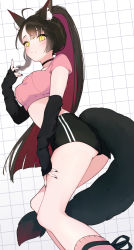 Rule 34 | 1girl, absurdres, ahoge, animal ear fluff, animal ears, black nails, black shorts, blue archive, blush, breasts, brown hair, closed mouth, colored inner hair, crop top, detached sleeves, feet out of frame, fox ears, fox tail, highres, ira n, long hair, long sleeves, medium breasts, multicolored hair, nail polish, pink shirt, pink socks, ponytail, red hair, shirt, short shorts, short sleeves, shorts, sleeves past wrists, socks, solo, tail, thighs, very long hair, wakamo (blue archive), yellow eyes