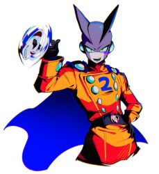 1boy 9ta500 belt black_gloves blue_cape buttons cape colored_skin dragon_ball dragon_ball_super dragon_ball_super_super_hero energy_gun gamma_2 gloves grey_skin gun hand_on_own_hip highres jacket long_sleeves looking_at_viewer ray_gun solo spinning_weapon superhero_costume weapon white_background yellow_jacket