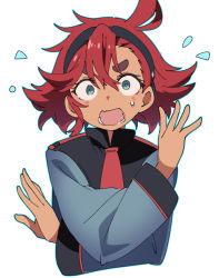 Rule 34 | 1girl, ahoge, aqua eyes, black hairband, commentary request, gundam, gundam suisei no majo, hair between eyes, hairband, ixy, long sleeves, looking at viewer, open mouth, red hair, simple background, solo, suletta mercury, sweatdrop, upper body, white background