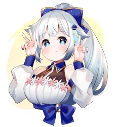 Rule 34 | + +, 1girl, bare shoulders, blue bow, blue eyes, blue nails, blush, bow, breasts, brown shirt, closed mouth, collared shirt, commentary request, cosmo ruru, cropped torso, detached sleeves, double v, grey hair, hair bow, hair ornament, hands up, highres, indie virtual youtuber, long hair, long sleeves, medium breasts, meito (maze), nail polish, planet hair ornament, ponytail, puffy long sleeves, puffy sleeves, shirt, sleeveless, sleeveless shirt, smile, solo, star (symbol), upper body, v, virtual youtuber, white sleeves