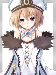 Rule 34 | 1girl, bare shoulders, blanc (neptunia), blue eyes, blush, brown hair, coat, dress, frilled coat, frills, hat, iwashi dorobou -r-, long sleeves, looking at viewer, medium hair, neptune (series), open mouth, solo, spaghetti strap, white coat, white dress, white hat