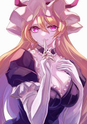 Rule 34 | 1girl, absurdres, backlighting, bad id, bad pixiv id, blonde hair, breasts, choker, cleavage, colored eyelashes, dress, earrings, elbow gloves, finger to mouth, frilled choker, frilled sleeves, frills, gloves, gradient hair, hair between eyes, hand on own chest, hat, hat ribbon, highres, jan (lightdragoon), jewelry, large breasts, lips, long hair, looking at viewer, mob cap, multicolored hair, orange pupils, outline, pink eyes, pink lips, puffy short sleeves, puffy sleeves, purple choker, purple dress, ribbon, ring, short sleeves, shushing, sidelocks, simple background, smile, solo, touhou, upper body, very long hair, white background, white gloves, yakumo yukari