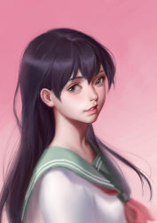 Rule 34 | 1girl, black hair, dabul, gradient background, highres, higurashi kagome, inuyasha, lips, long hair, looking to the side, parted lips, pink background, pink lips, realistic, school uniform, serafuku, solo, upper body