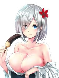 Rule 34 | 10s, 1girl, :q, ase tou mi kaameru, bad id, bad pixiv id, blue eyes, blush, breasts, chocolate banana, cleavage, collarbone, flower, food, hair flower, hair ornament, hair over one eye, hairclip, hamakaze (kancolle), highres, holding, holding food, huge breasts, japanese clothes, kantai collection, kimono, off shoulder, revision, sexually suggestive, short hair, silver hair, simple background, solo, suggestive fluid, tongue, tongue out, upper body, white background, yukata