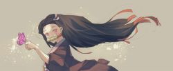Rule 34 | 1girl, absurdres, bamboo, black cloak, brown background, brown hair, bug, butterfly, butterfly on hand, cloak, commentary request, covered mouth, fingernails, floating hair, from side, gag, hair ribbon, hand up, hayoou02, highres, bug, japanese clothes, kamado nezuko, kimetsu no yaiba, kimono, korean commentary, light particles, long fingernails, long hair, looking at viewer, looking to the side, obi, pink butterfly, pink eyes, pink kimono, ribbon, sash, simple background, solo, upper body, white ribbon