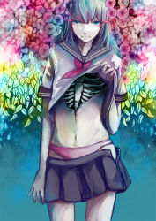 Rule 34 | 1girl, arm at side, arm up, blue eyes, blue hair, blue skirt, clothes lift, clothes pull, colored skin, eyeliner, flashing, floral background, flower, groin, leaf, long hair, looking at viewer, makeup, matching hair/eyes, nanakawa (nanasoon), neckerchief, open fly, original, panties, pink panties, pleated skirt, ribs, school uniform, serafuku, shirt lift, skirt, skirt pull, solo, standing, underwear, unzipped, white skin