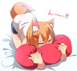 Rule 34 | 1girl, animal ears, bare shoulders, bed sheet, black shorts, blush, brown hair, closed eyes, commentary request, covered mouth, face in pillow, facing viewer, fox ears, fox girl, fox tail, hair between eyes, hair ornament, hairclip, minowa sukyaru, nose blush, hugging object, original, pillow, pillow hug, shirt, short shorts, shorts, sleeveless, sleeveless shirt, solo, tail, white background, white shirt
